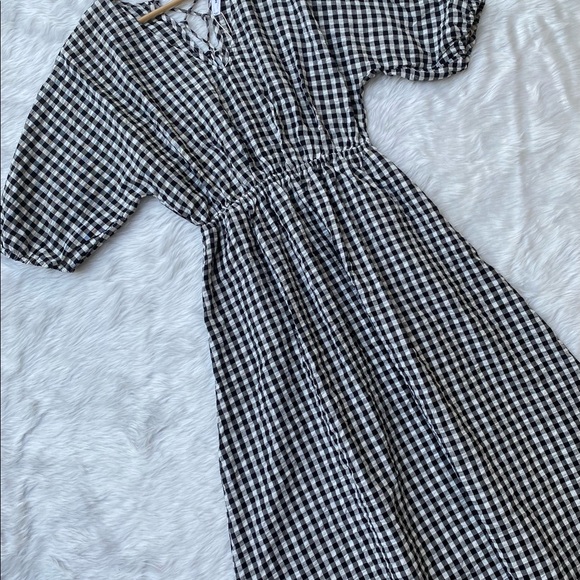 MANGO white&black checked cotton A-line midi dress. - Picture 4 of 9